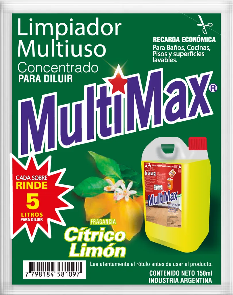 Limpiador Multiuso Multimax Cítrico Limón Rinde 5 L x150ml