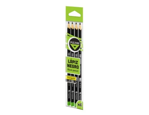 [100582] Lápices Madera Pizzini Triangulares Largos 4 Negros HB