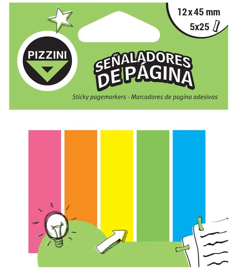 Notas Autoadhesivas Pizzini 12x45mm 5 señaladores 25 hojas Flúor
