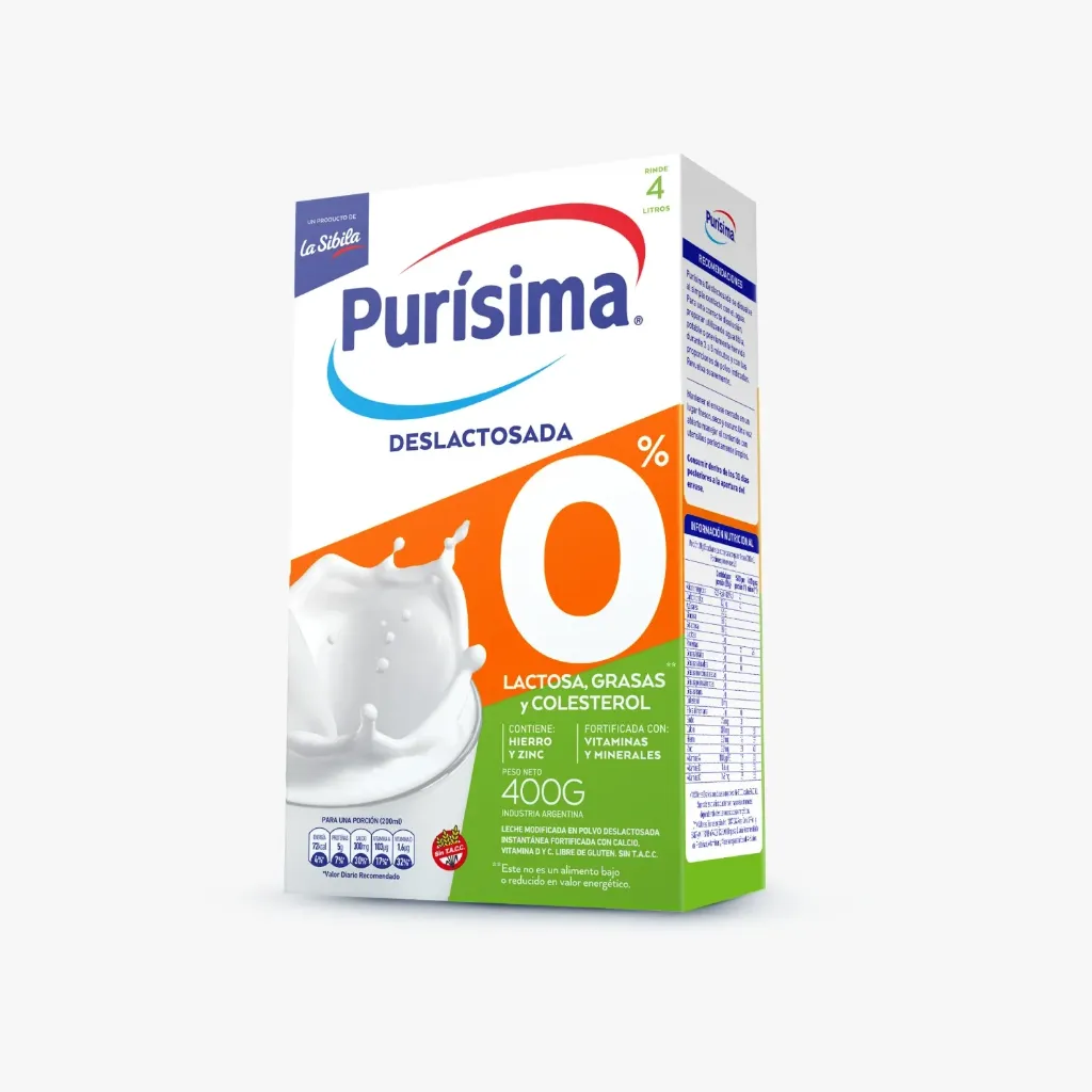 Leche en Polvo Entera Purísima Deslactosada x400g (x12)